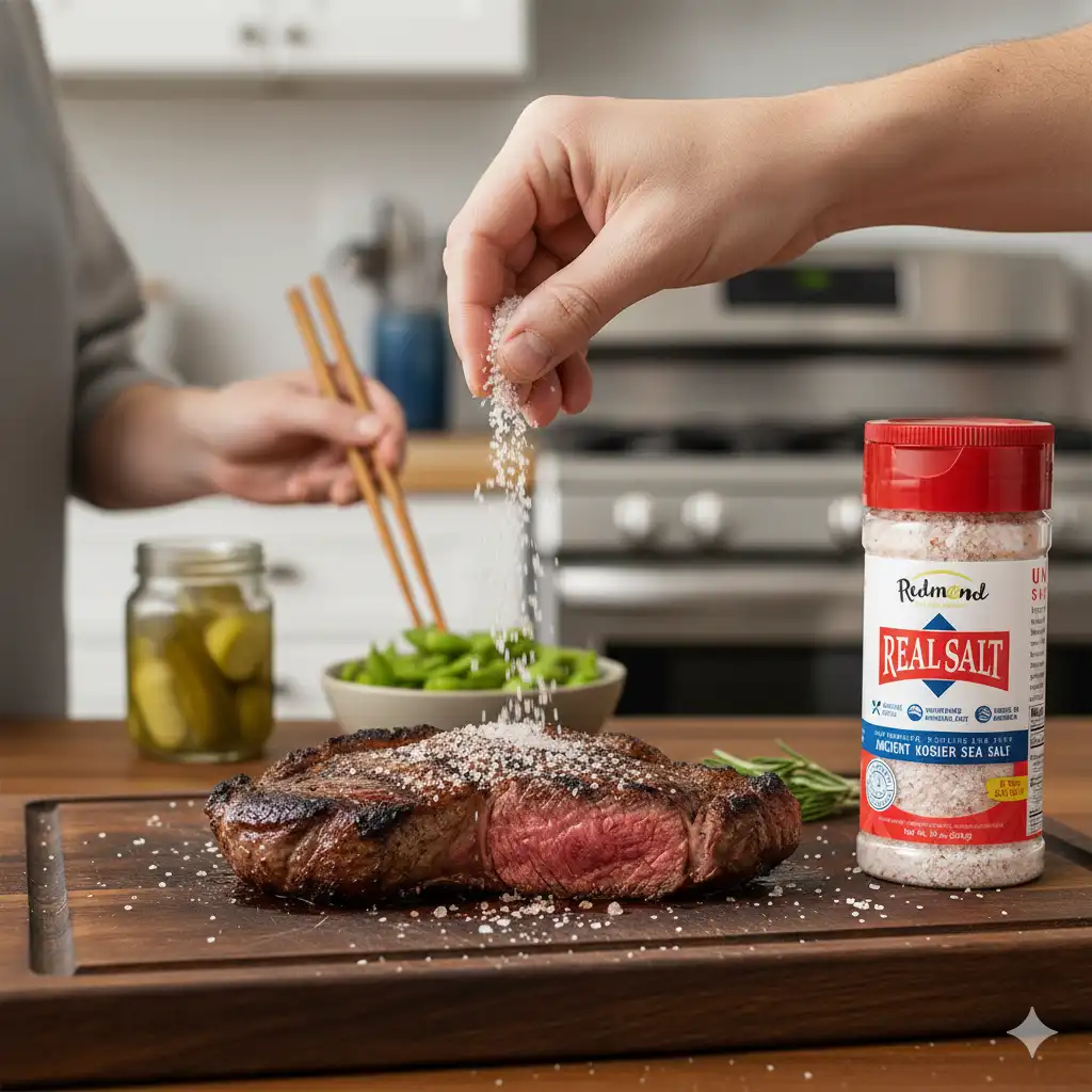 A person seasoning steak with salt in a kitchen.