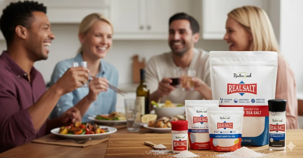 Friends enjoying a meal with dietary supplements on the table.