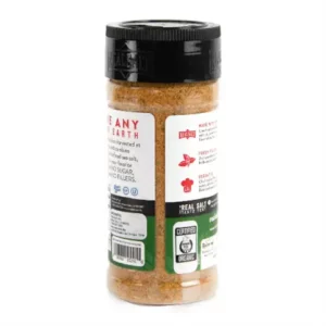 A spice bottle with a black lid and colorful label.