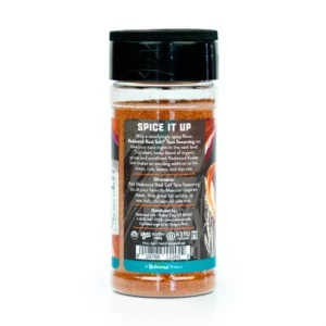 Bottle of seasoning spice blend with detailed usage instructions on the label.