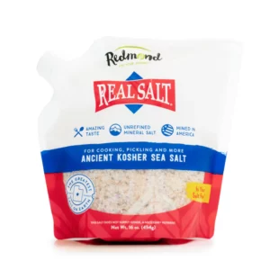 A bag of Redmond Real Salt Ancient Kosher Sea Salt.