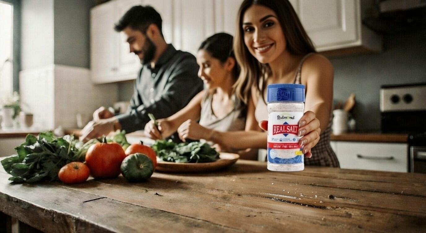A smiling woman holding a container of salt with family cooking in the background.